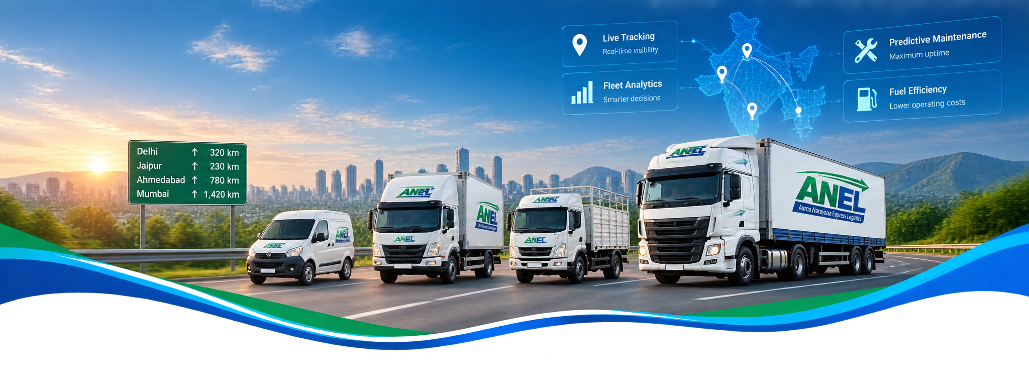 ANEL delivery van and trucks on a highway with fleet tracking and analytics