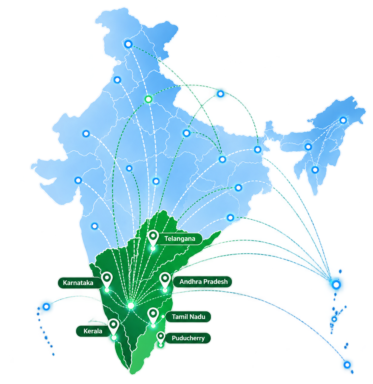 ANEL network map emphasizing Karnataka, Tamil Nadu, Telangana, Andhra Pradesh, Kerala and Puducherry